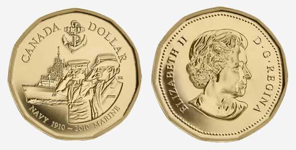 Канада 1 доллар 2010 100 лет королевскому флоту Канады KM 995 никель плакированный бронзой UNC M45-17