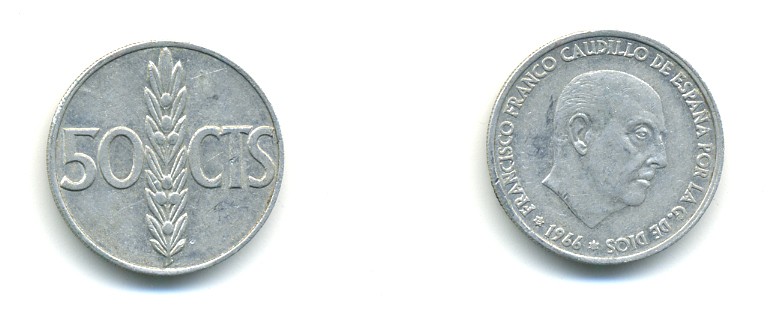 Испания 50 сентимо 1966 (68) Франсиско Франко (1939-1975) KM 795 алюминий 80-1136