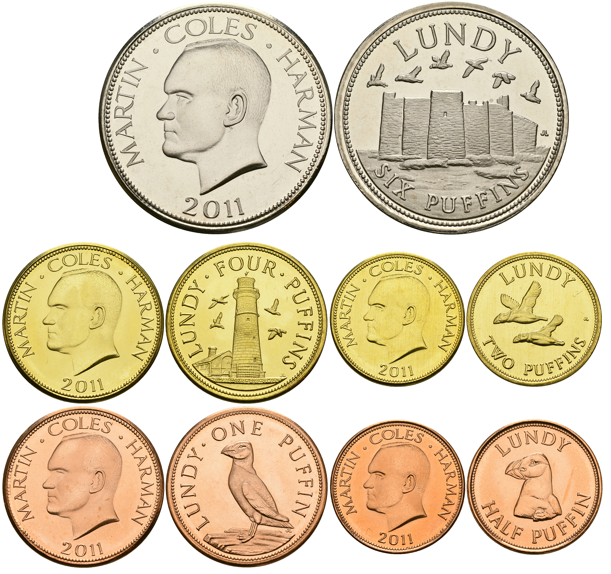 Остров Ланди лот из 5 монет 2011 1/2, 1, 2, 4, 6 паффинов, птицы UNC M78-20