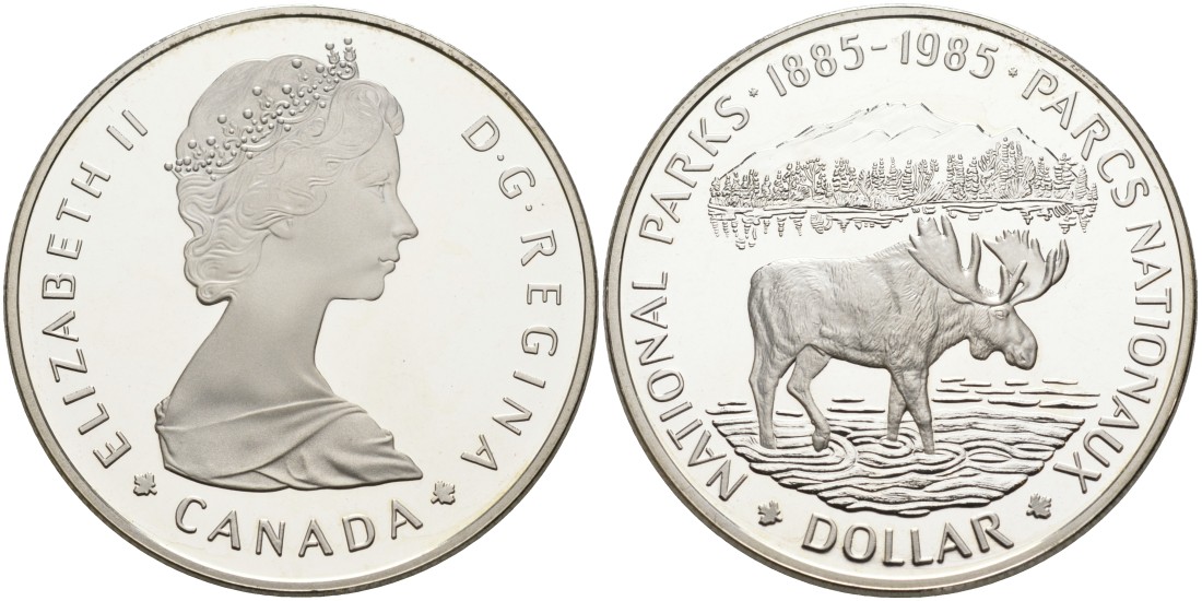 Канада 1 доллар 1985 100 лет национальному парку (1885-1985), лось KM 143 серебро PROOF 1095-4-43