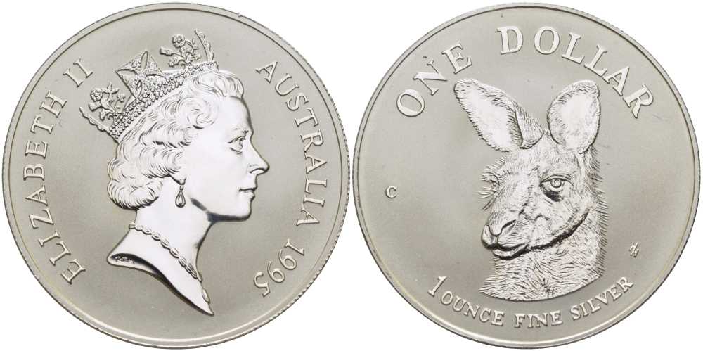 Австралия 1 доллар 1995 кенгуру смотрит влево KM 293.1 серебро  UNC  1078-2-42