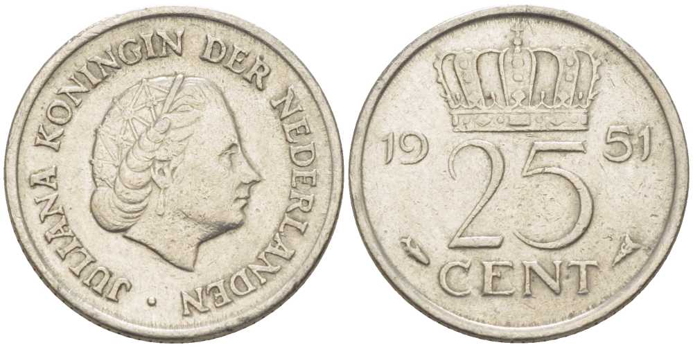 Нидерланды 25 центов 1951 Юлиана (1949-1980) KM 183 никель 214-916