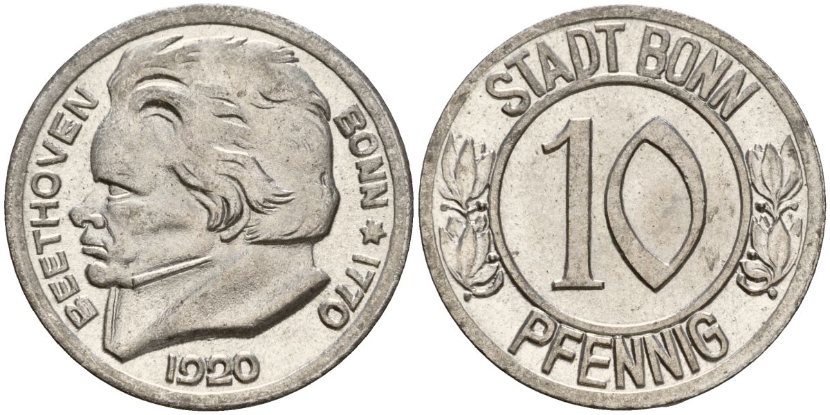 Германия, Бонн 10 пфеннигов 1920 Бетховен, Северный Рейн-Вестфалия, нотгельд Funck 51.1A железо 08-946