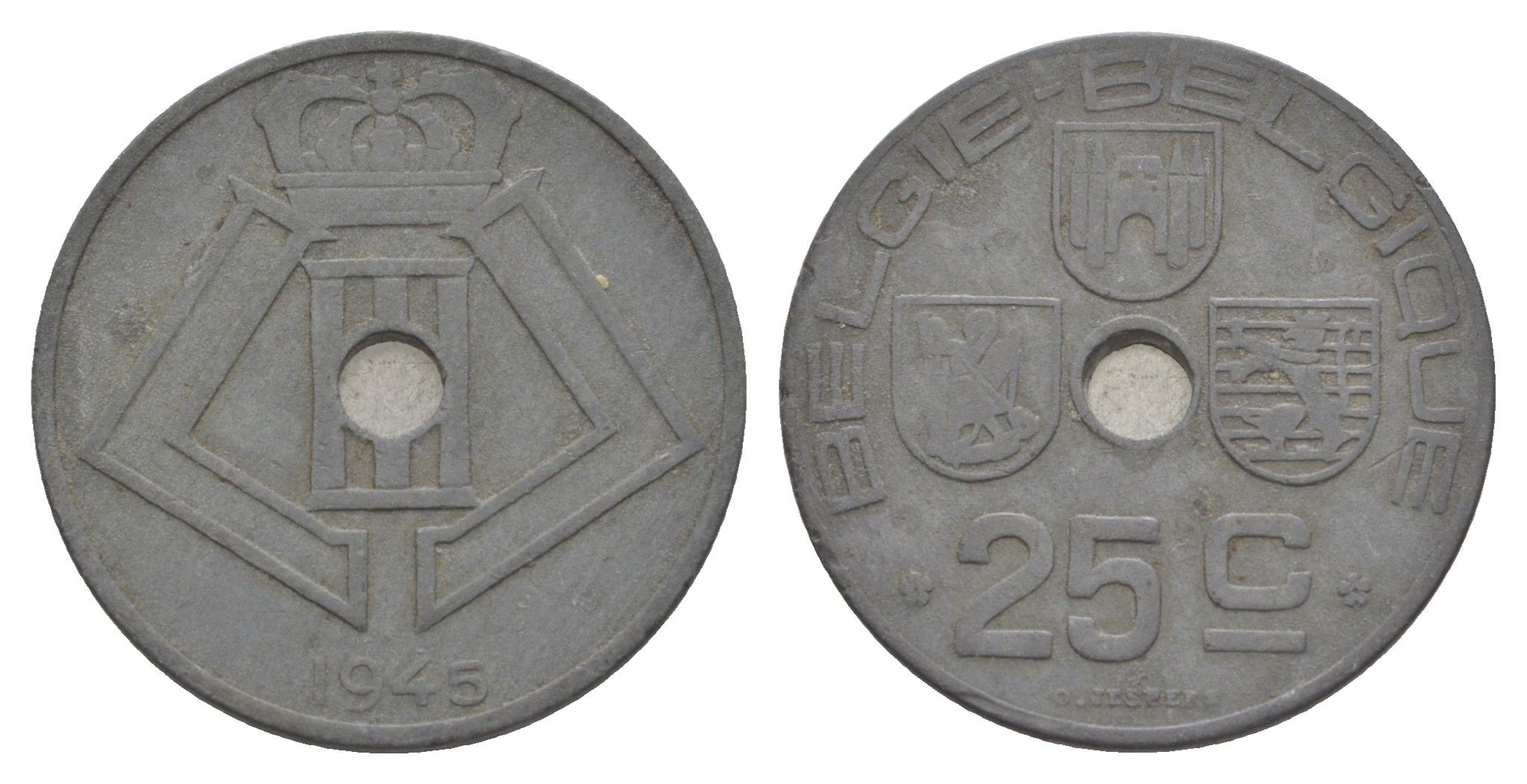 Бельгия 25 сантимов 1945 Belgie - Belgique, Леопольд III (1934-1947), германская оккупация, Вторая мировая война KM 132 цинк 4619-847