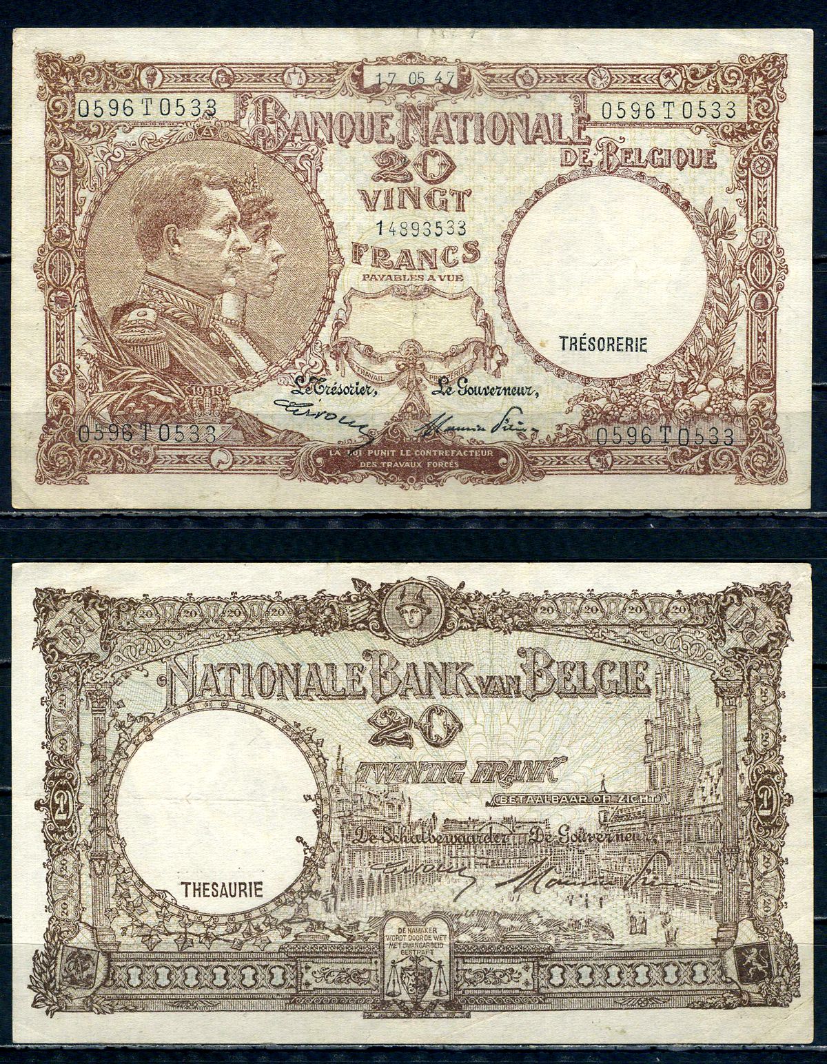 Бельгия 20 франков 1947 17.05.1947, Король Альберт I и его жена Королева Елизавета, Гран-Плас / Гроте Маркт, Брюссель Pick 111 (3) бумага 6301-20-3-2