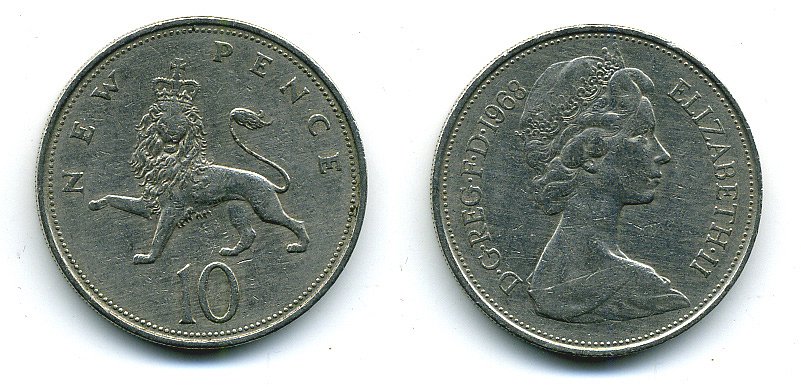 Великобритания 10 пенсов 1968 Елизавета II (1952-2022) KM 912, Spink 4231 (F1) медно-никель  4110-1044