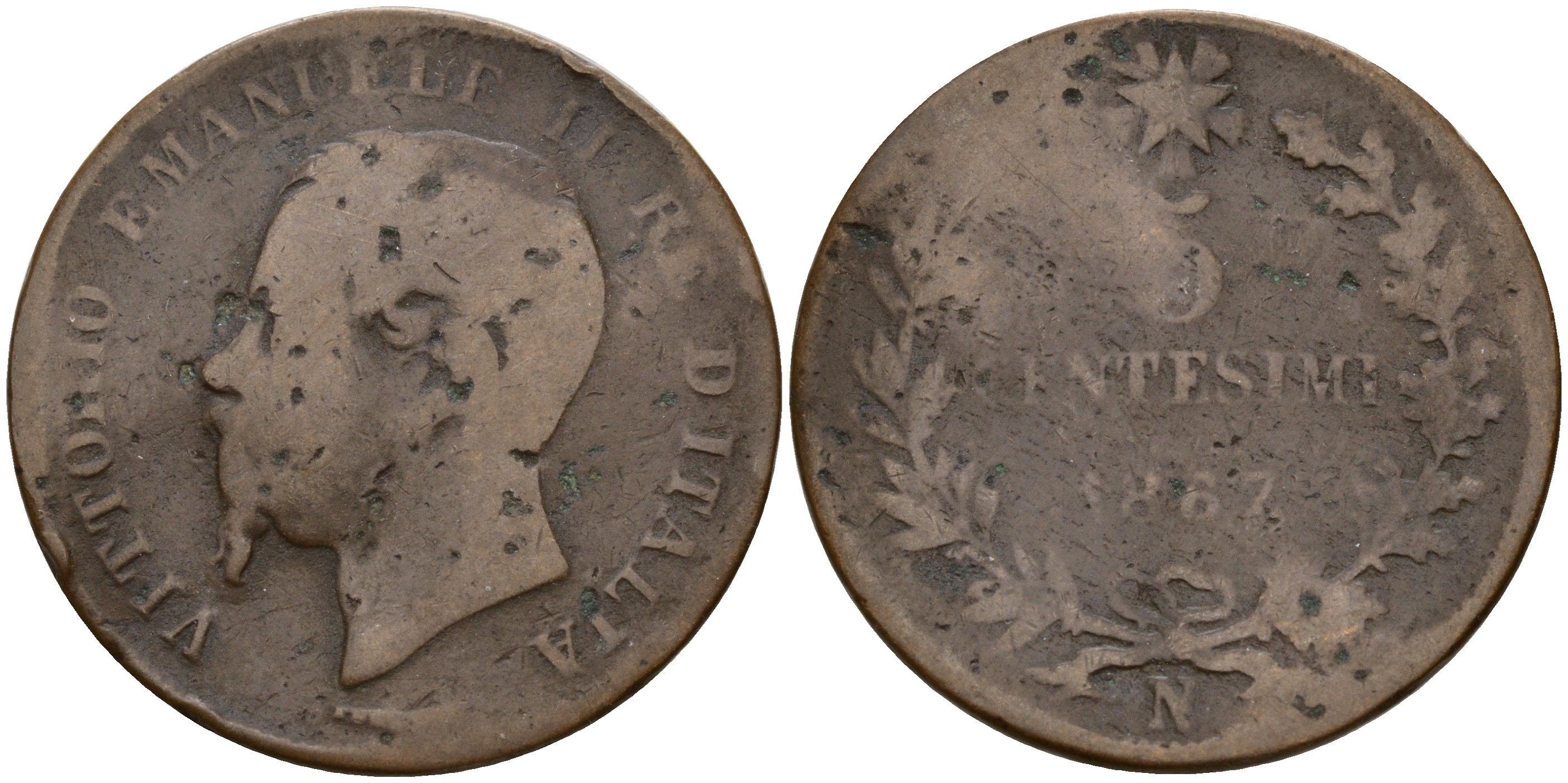 Италия 5 чентезимо 1867 N, Виктор Эммануил II (1861-1878) KM 3.3 медь    4597-235