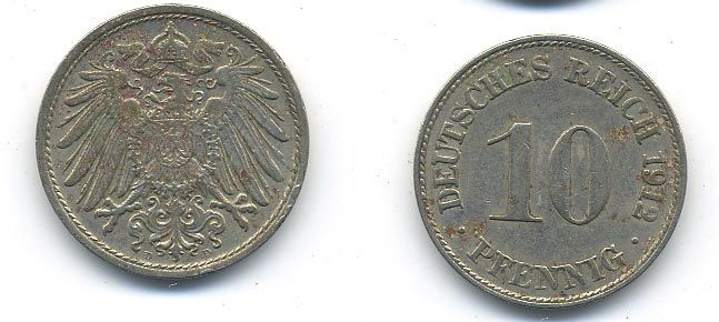 ГЕРМАНИЯ 10 ПФЕННИГОВ 1912 D KM 12, J. 13 медно-никель 58-352