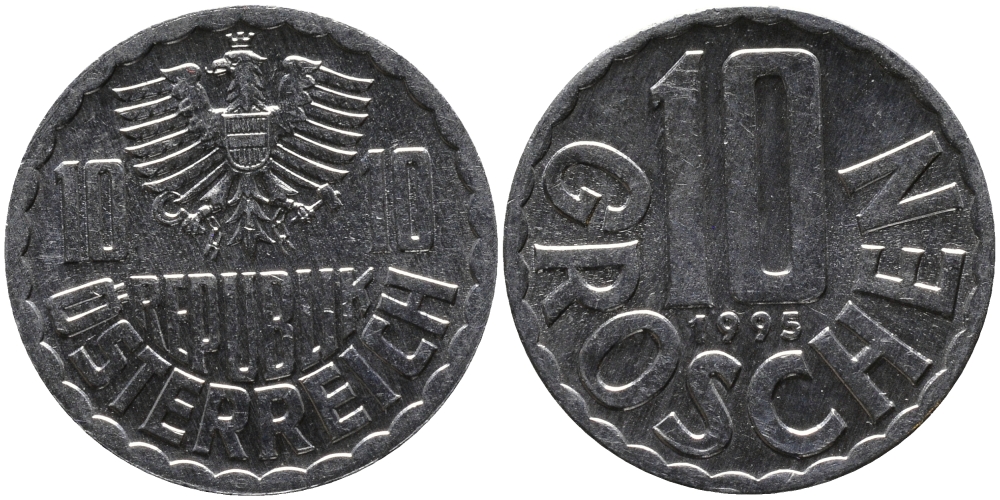 АВСТРИЯ 10 ГРОШЕЙ 1995 KM 2878 алюминий 33-346