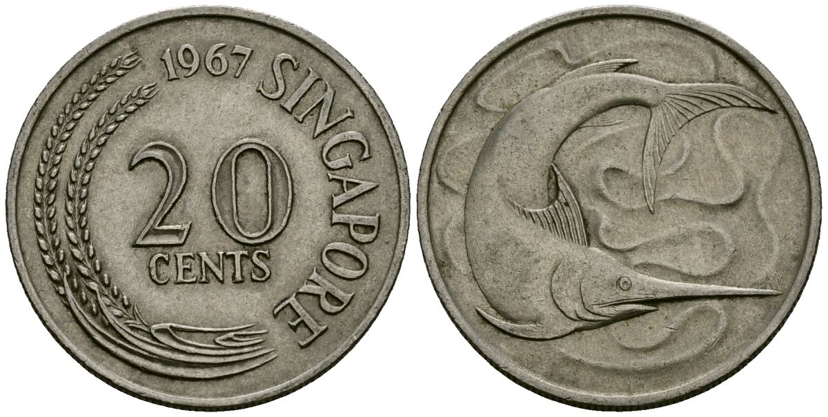 Сингапур 20 центов 1967 голубой марлин, тунец KM 4 медно-никель 4138-532