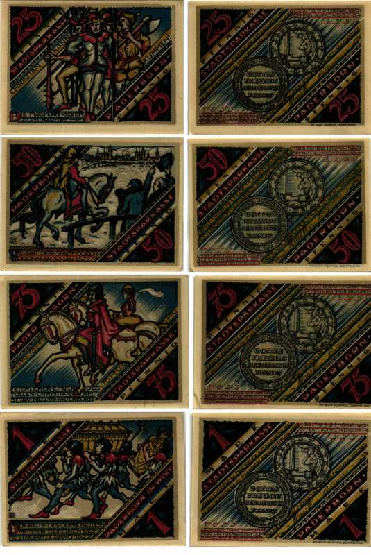 ПАДЕБОРН НАБОР ИЗ 4 БАНКНОТ (25, 50, 75 ПФЕННИГОВ, 1 МАРКА) 1921 10 НОЯБРЯ 1921, НОТГЕЛЬД, ЗЕМЛЯ СЕВЕРНЫЙ РЕЙН-ВЕСТФАЛИЯ Keller 1043.3 бумага 6318-12-3-1