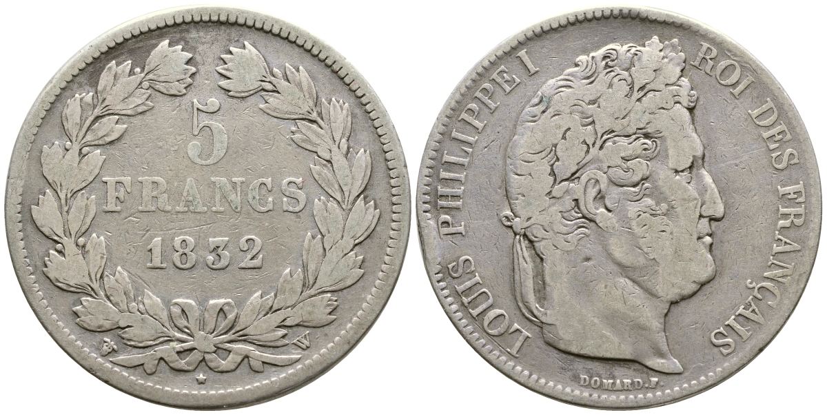 Франция 5 франков 1832 W, Луи Филипп I (1830-1848) KM 749.13 серебро 1066-6-44