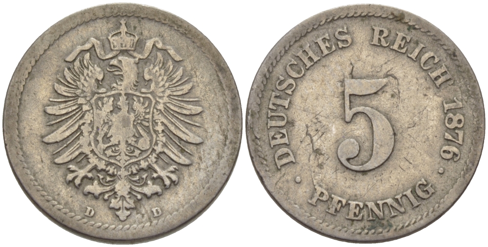 ГЕРМАНИЯ 5 ПФЕННИГОВ 1876 D, СТАРОГЕРБОВКА KM 3, J.3 медно-никель 100-323