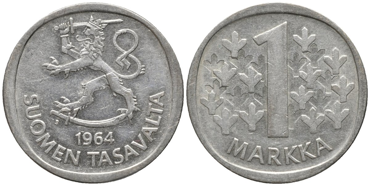 Финляндия 1 марка 1964 S KM 49 серебро 4577-1154