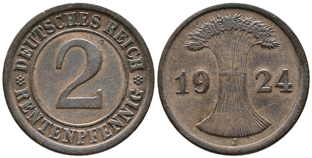 ГЕРМАНИЯ 2 РЕНТЕНПФЕННИГА 1924 J KM 31, J. 307 бронза 24-634