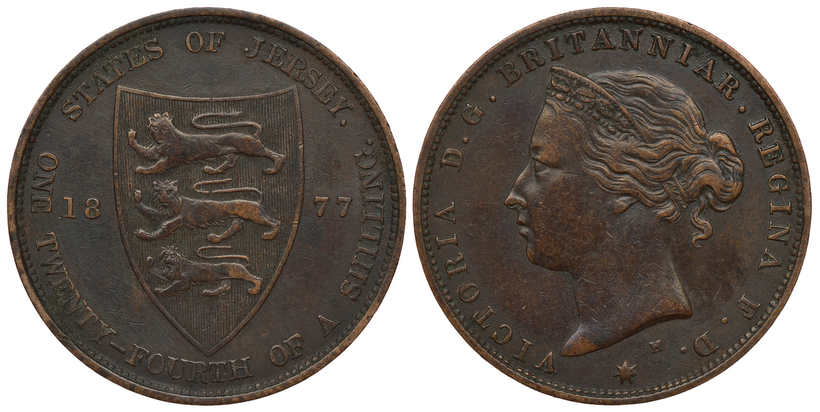 Джерси 1/24 шиллинга 1877 H, Виктория (1837-1901) KM 7 бронза 4393-154