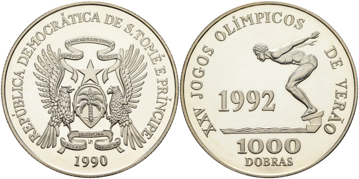 Сан-Томе и Принсипи 1000 добра 1990 XXV олимпийские игры 1992 года в Барселоне, плаванье, тираж 10000 экз. KM 74 серебро PROOF 00-00