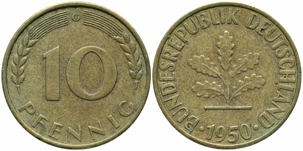 ФРГ 10 ПФЕННИГОВ 1950 G KM 108, J. 383 сталь плакированная латунью 113-133