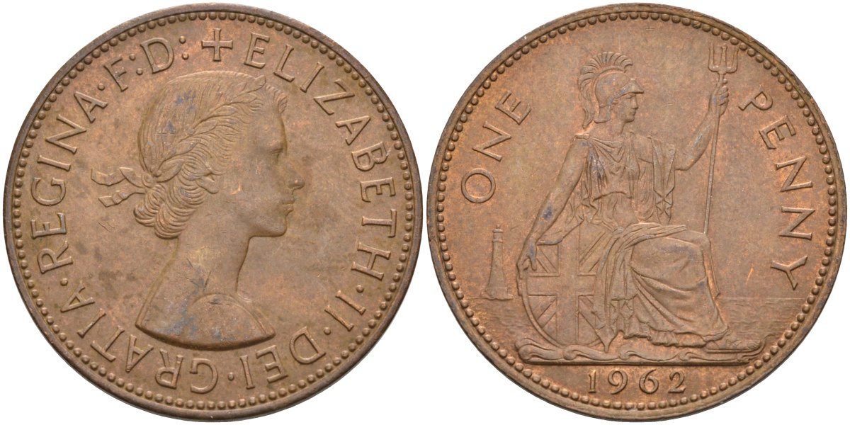 Великобритания 1 пенни 1962 Елизавета II (1952-2022) KM 897, Spink 4157 бронза 4117-1236