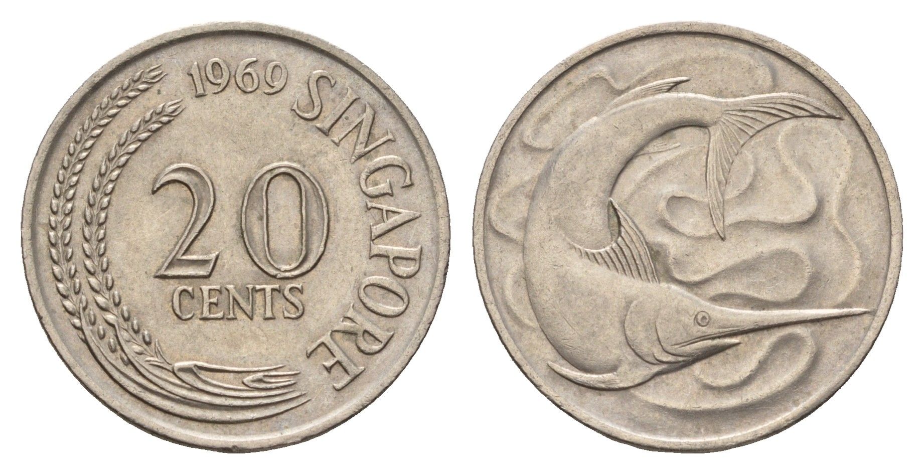 Сингапур 20 центов 1969 голубой марлин, тунец KM 4 медно-никель aUNC 4511-555
