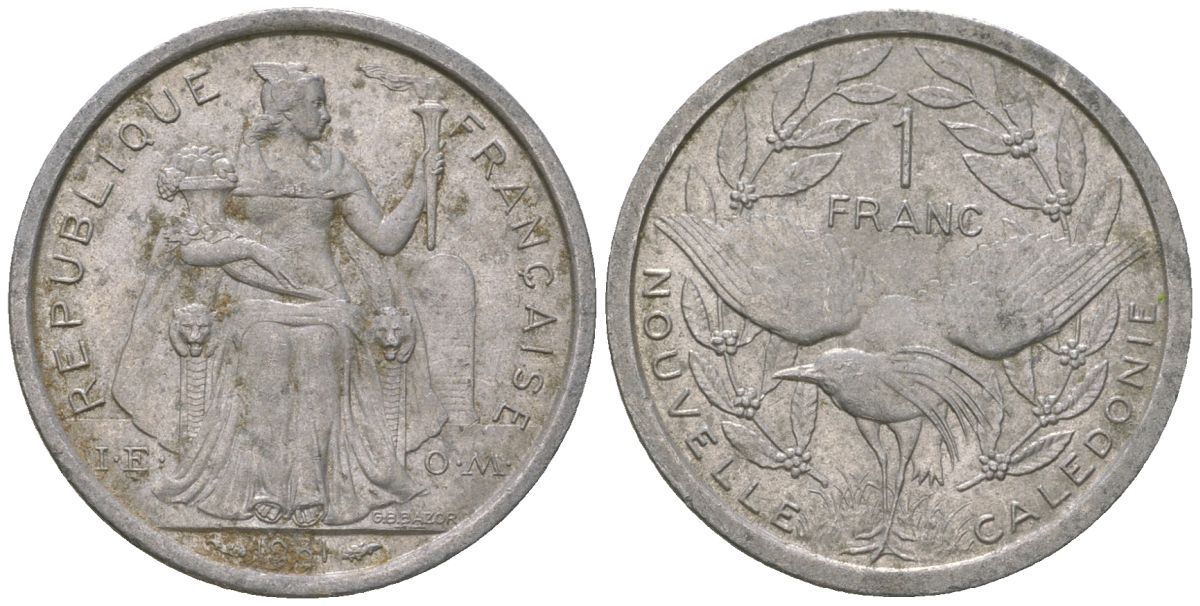 Французская Новая Каледония 1 франк 1981 птица кагу, (IEOM) KM 10, Schoen 10, Lec 44 алюминий    51-1242