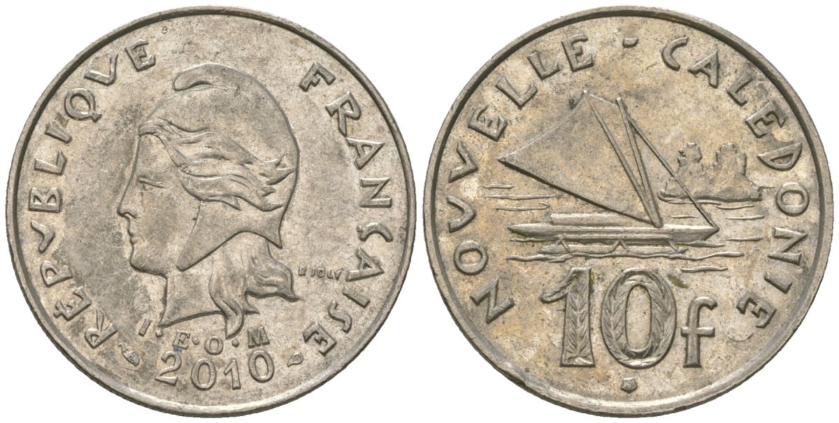 Французская Новая Каледония 10 франков 2010 рыбачья парусная лодка, (IEOM) KM 11a, Schoen 13a, Lec 99k медно-никель 63-414