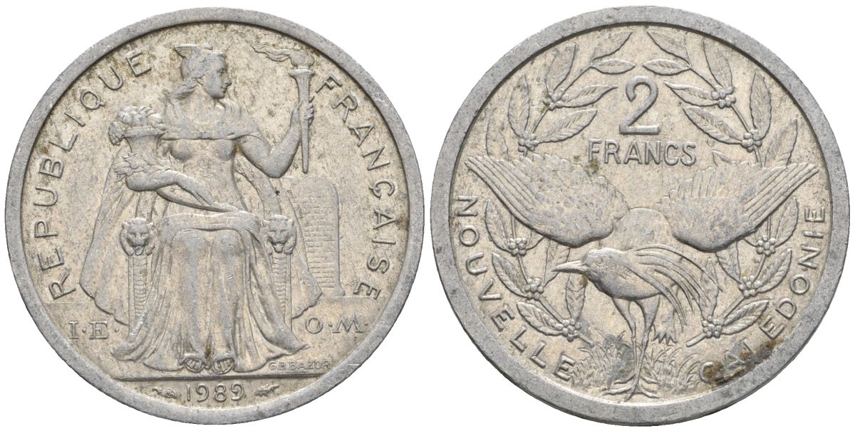 Французская Новая Каледония 2 франка 1989 птица кагу, (IEOM) KM 14, Schoen 11, Lec 65 алюминий    27-1122
