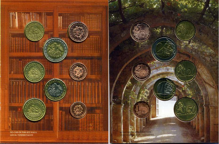 Гернси набор из 8 монет 2004 европробники, в оригинальном картонном буклете, тираж 10000 экз. 5-6-3-13