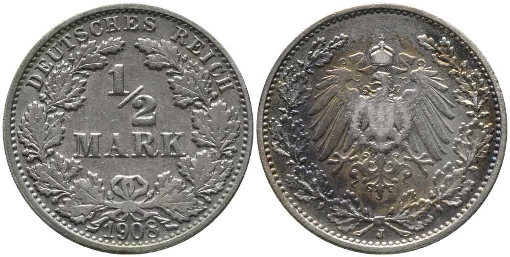 ГЕРМАНИЯ 1/2 МАРКИ 1908 J KM 17, J. 16, Weege 16 серебро 1515-1731