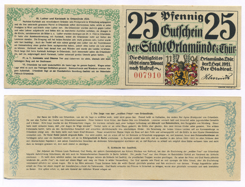 Германия, Орламюнде 25 пфеннигов 1921 рекламный нотгельд, с разворотом и описанием истории города   бумага  aUNC 444-44-2-1