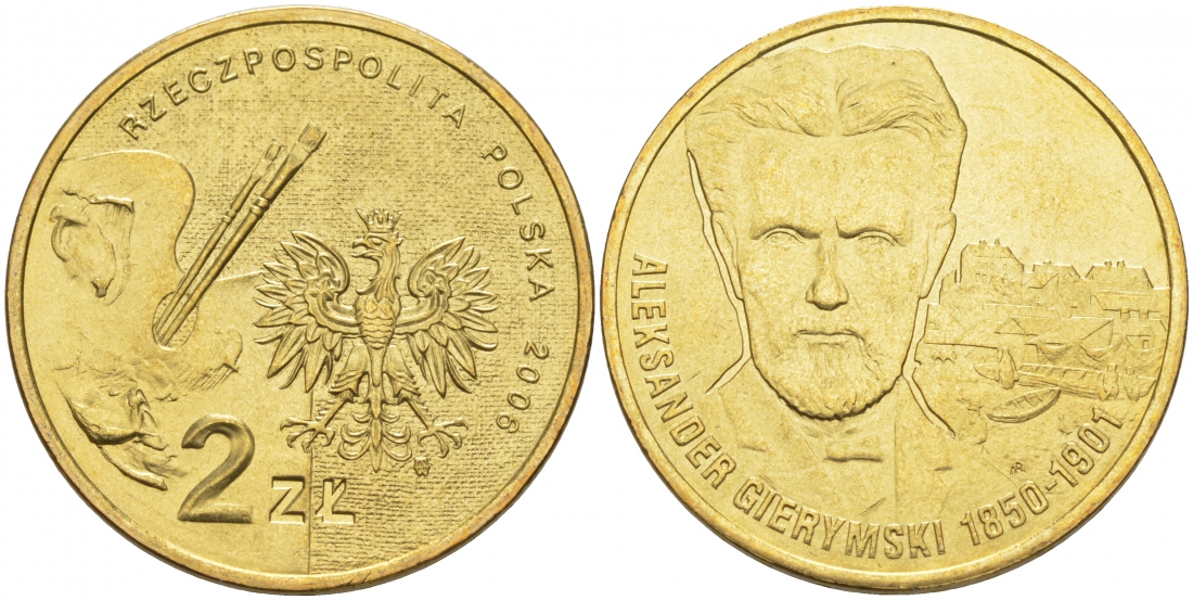 Польша 2 злотых 2006 серия польские художники, Александр Герымский (1850-1901) KM 575 латунь UNC 69-1046