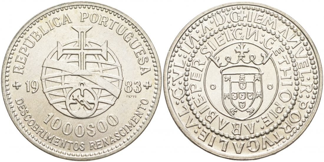 Португалия 1000 эскудо 1983 XVII выставка европейского искусства KM 622 серебро  UNC  4537-1133