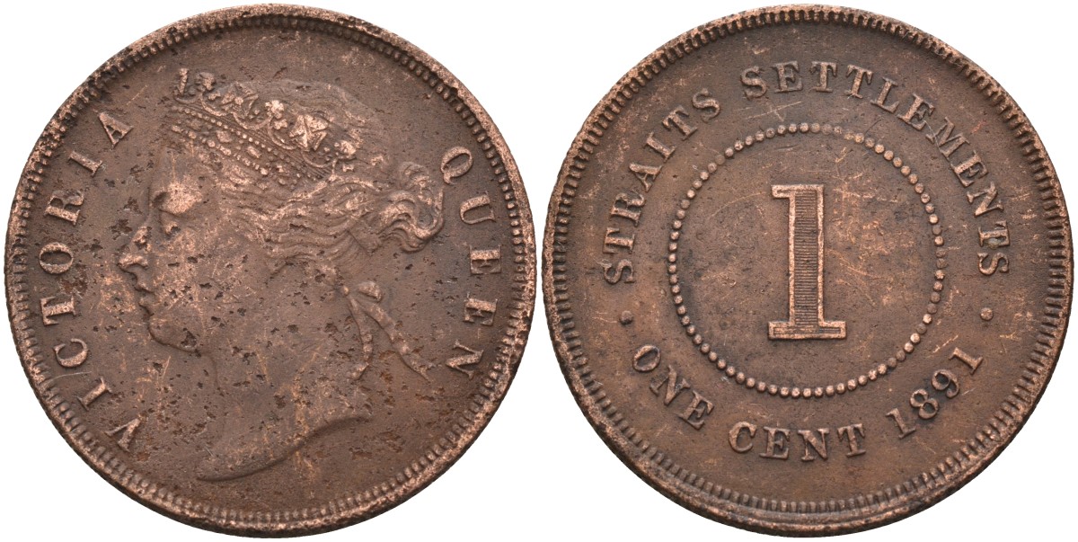 Стрейтс-Сетлментс 1 цент 1891 Виктория (1837-1901), Ост-Индская компания KM 16 бронза 4590-445