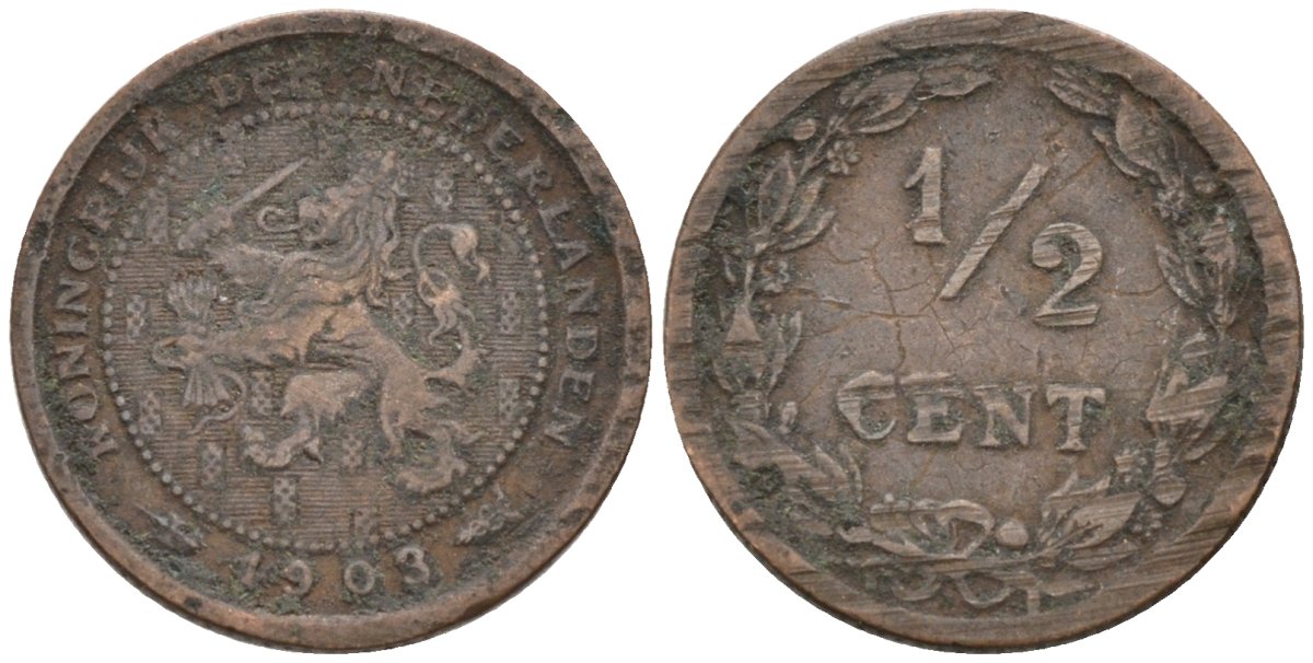 Нидерланды 1/2 цента 1903 Вильгельмина (1890-1948) KM 133 бронза 4576-323