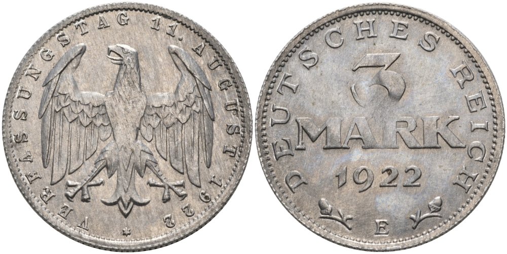 Германия 3 марки 1922 Е, третья годовщина Веймарской Конституции KM 29, J.303 алюминий UNC 4574-815