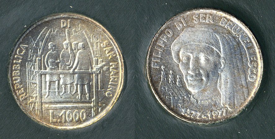 Сан-Марино 1000 лир 1977 600 лет со дня рождения Филиппо Брунеллески, архитектора и актера KM 72 серебро UNC 7-4-1-34