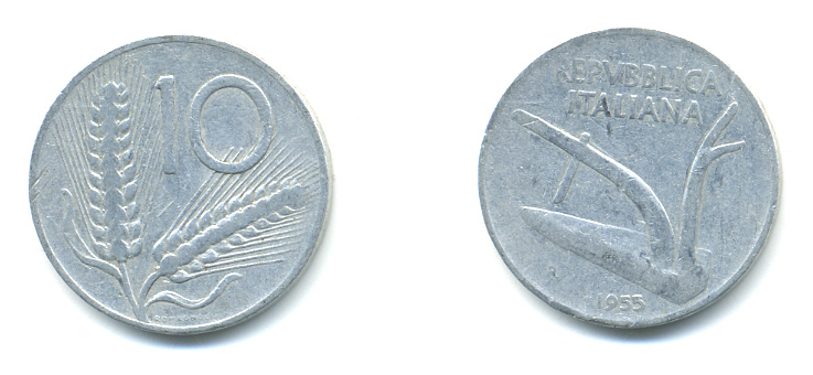 ИТАЛИЯ 10 ЛИР 1955 R, КОЛОСЬЯ, ПЛУГ KM 93 алюминий 3999-1246