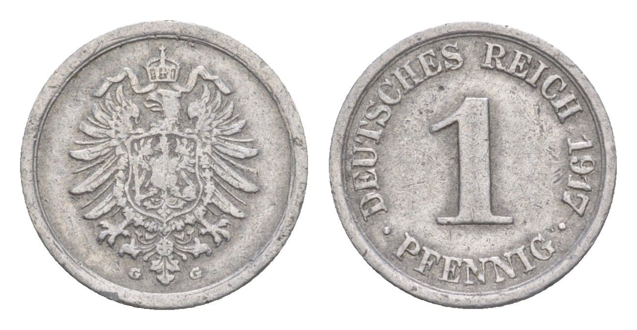 Германия 1 пфенниг 1917 G, Вильгельм II (1888-1918) KM 24, J. 300, Weege 2 алюминий 4639-1154