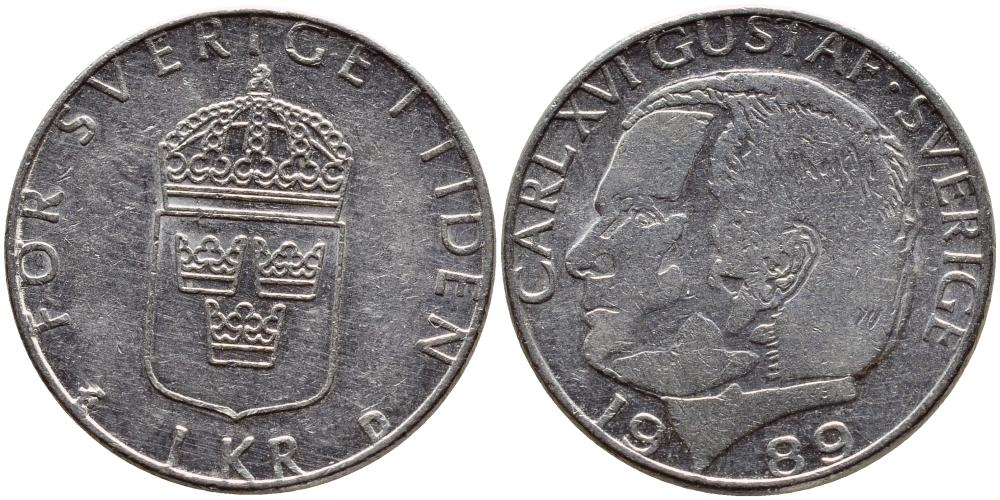 Швеция 1 крона 1989 Карл XVI Густав (1973- ) KM 852a медно-никель 4397-1257