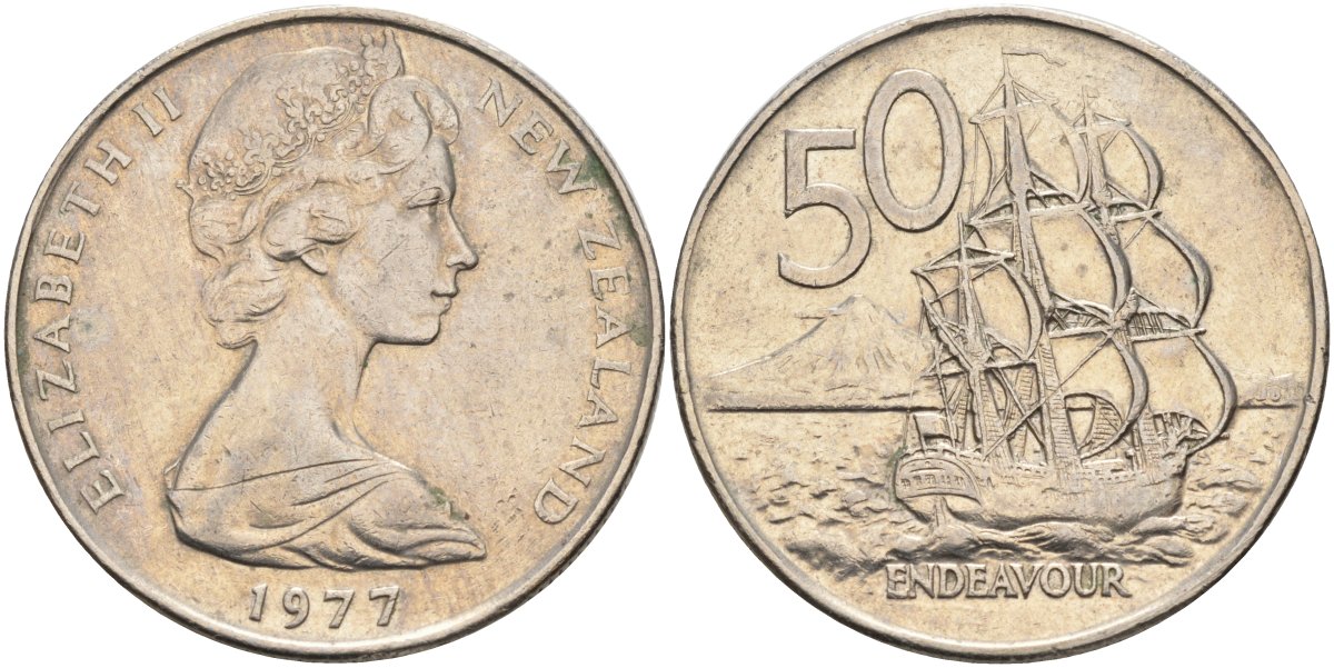 Новая Зеландия 50 центов 1977 Елизавета II (1952-2022), парусник Индевор KM 37.1 медно-никель 4131-1221