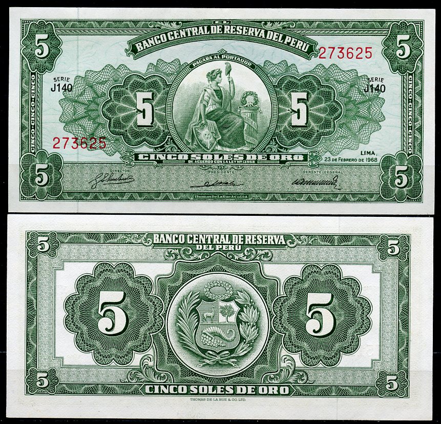 Перу 5 солей 1968 сидящая свобода, Thomas de la Rue Pick 83 a  бумага  UNC (пресс) 447-74-4-3