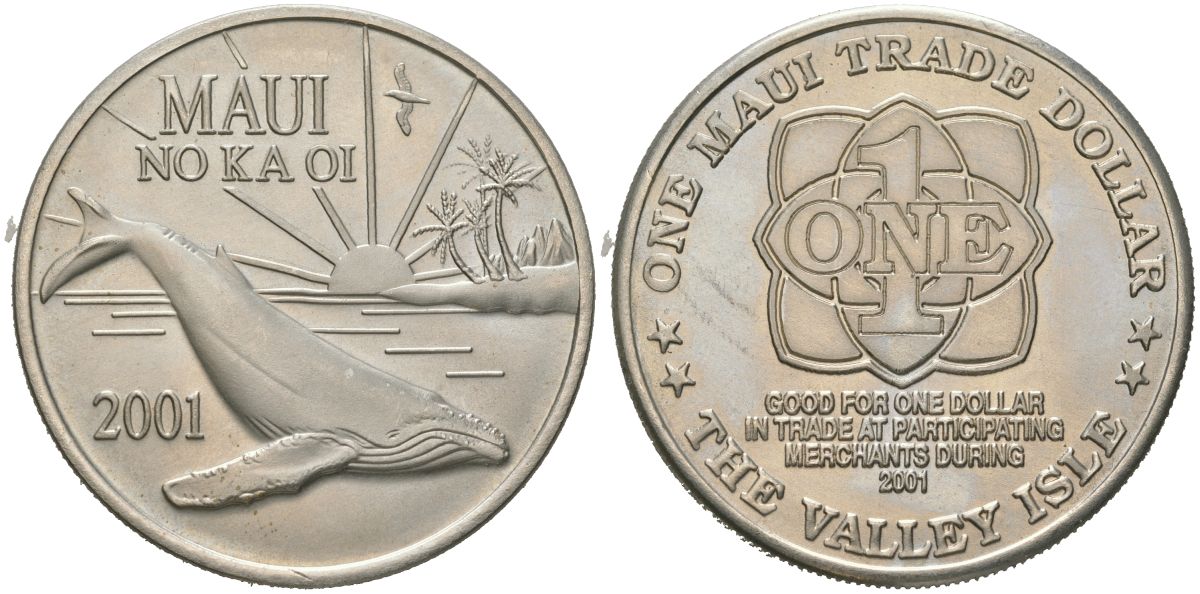 Остров Мауи (Гавайские острова) 1 доллар 2001 торговый доллар, Дельфины медно-никель UNC 4558-812
