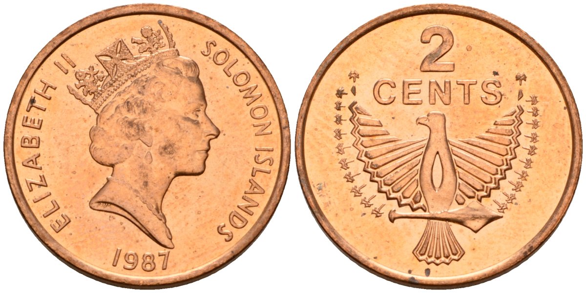 Соломоновы Острова 2 цента 1987 Елизавета II (1953-) KM 25 сталь плакированная бронзой aUNC 4566-1044