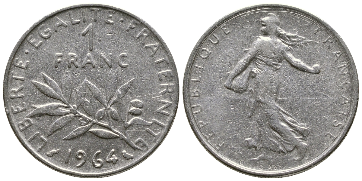 Франция 1 франк 1964 сеятель KM 925.1, Le Franc 226.8 никель 93-1435