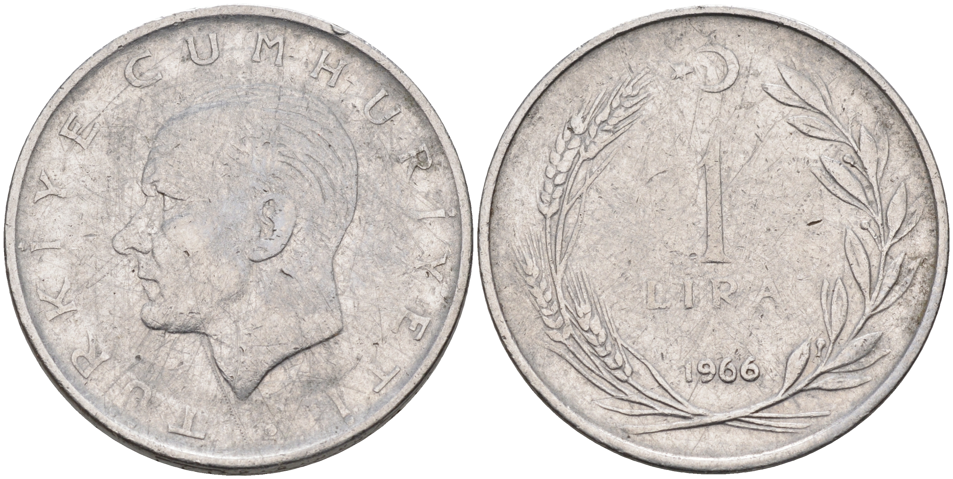 Турция 1 лира 1966 Мустафа Кемаль Ататюрк  KM 889a.1 нержавеющая сталь 4595-514