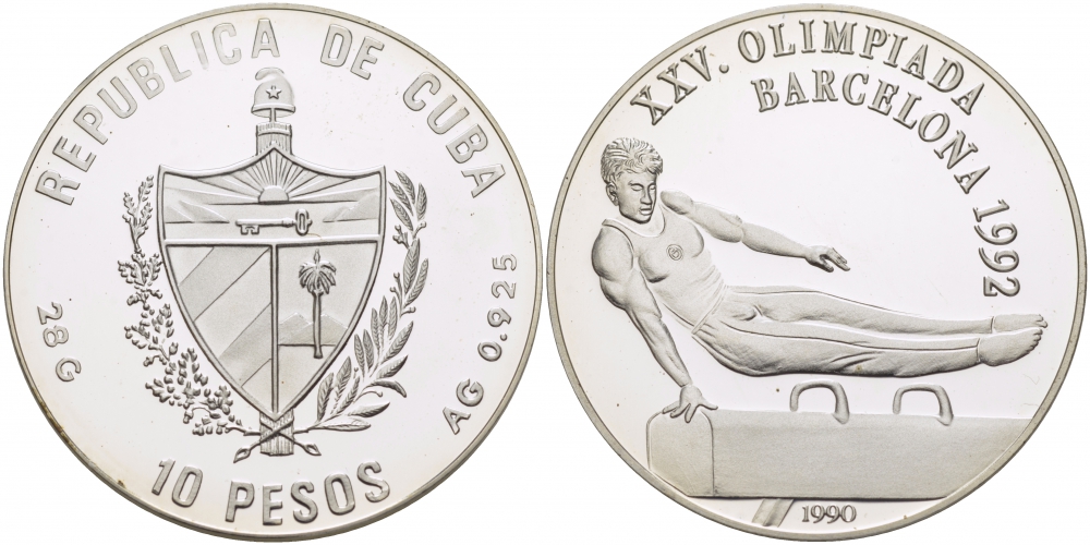 Куба 10 песо 1990 XXV летние Олимпийские игры 1992 года в Барселоне, гимнаст на коне KM 369 серебро PROOF 04-136-11