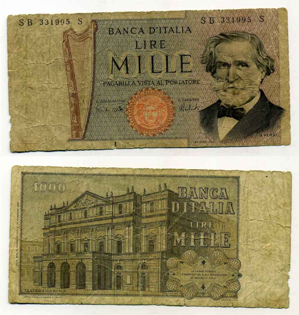 Италия 1000 лир 1969 Джузеппе Верди, Милин Ла Скала Pick 101а бумага 8588-10-3-2