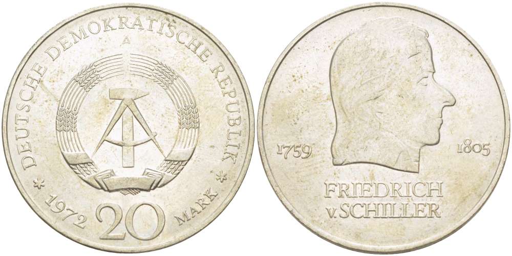 ГДР 20 марок 1972 А, Фридрих Шиллер (1759-1805) KM 40 медно-никель 4521-631
