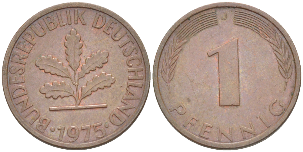ФРГ 1 ПФЕННИГ 1975 J KM 105, J. 380 сталь плакированная медью 4181-615