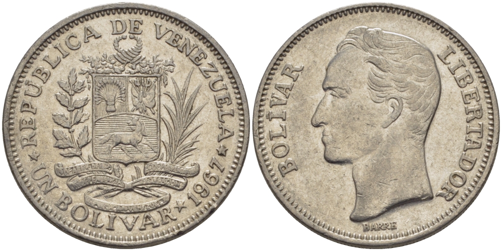 Венесуэла 1 боливар 1967 Симон Боливар KM 42 никель 31-523